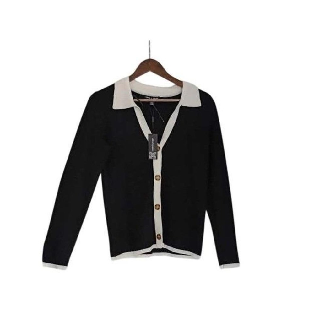 NWT Cable & Gauge Classic Black White Trim Collared Knit Cardigan Button Front M